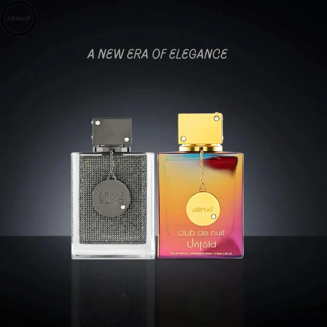 Armaf Club De Nuit Untold and Bling Eau de Parfum bundle showing two perfume spray bottles in black and silver packaging.