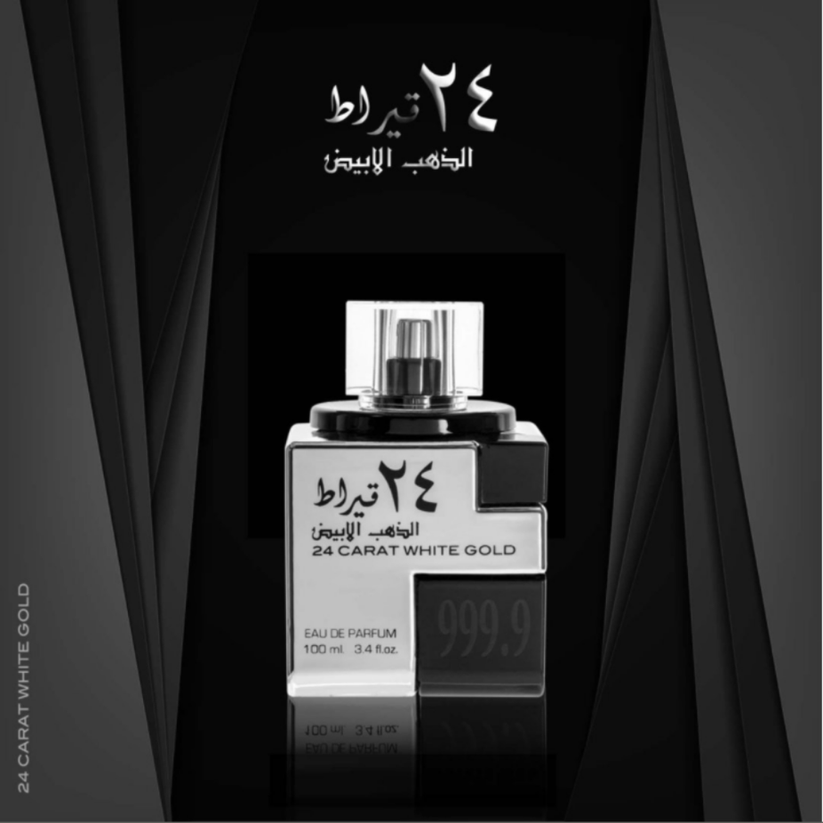 Lattafa 24 Carat White Gold Eau de Parfum 100ML bottle with elegant gold accents and clear glass design.