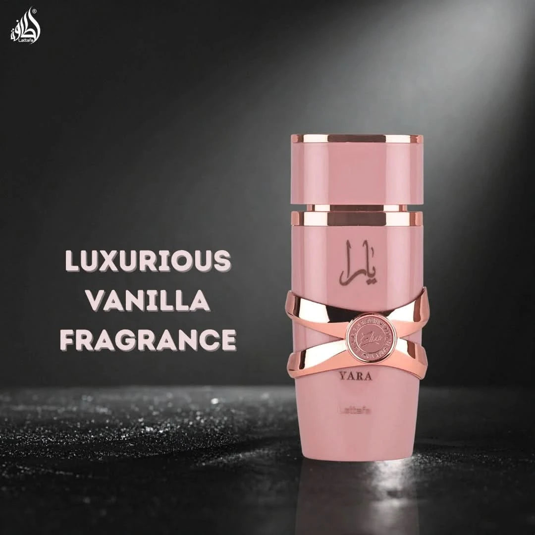 Lattafa Yara Elixir Eau De Parfum spray in a velvet pouch, 100ml, featuring an elegant bottle with a decorative cap.