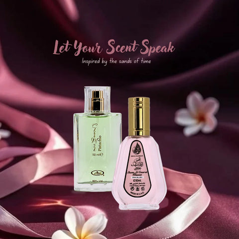 Choco Musk Pistachio Eau de Parfum Spray 50ml (1.65 oz) by Al Rehab & Pink Blush Shams Al Emarat Khususi Eau de Parfum Spray 50ml (1.7 oz) by Ard Al Zaafaran (Bundle)