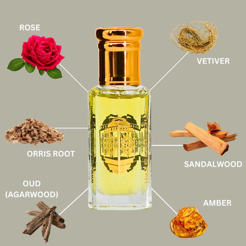 Intense Oud Mukhallat Al Najm perfume oil 12ml in a black gift box, featuring a clear glass bottle with gold accents.