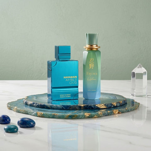 Amber Oud Aqua Dubai Extrait de Parfum By Al Haramain & Fayora Oshino Eau de Parfum by Paris Corner Sprays 100ml (3.4 oz) (Bundle)