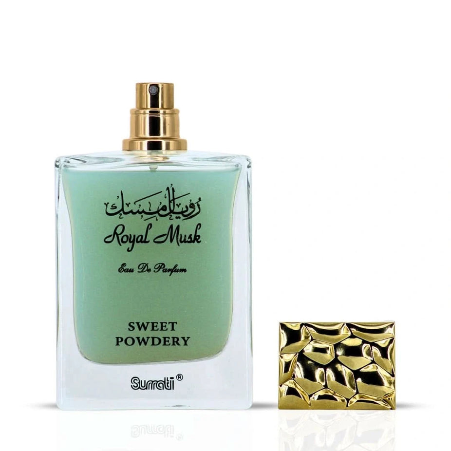Surrati Royal Musk Sweet Powdery Eau de Parfum spray bottle, 100ml, with elegant packaging and clear perfume branding.