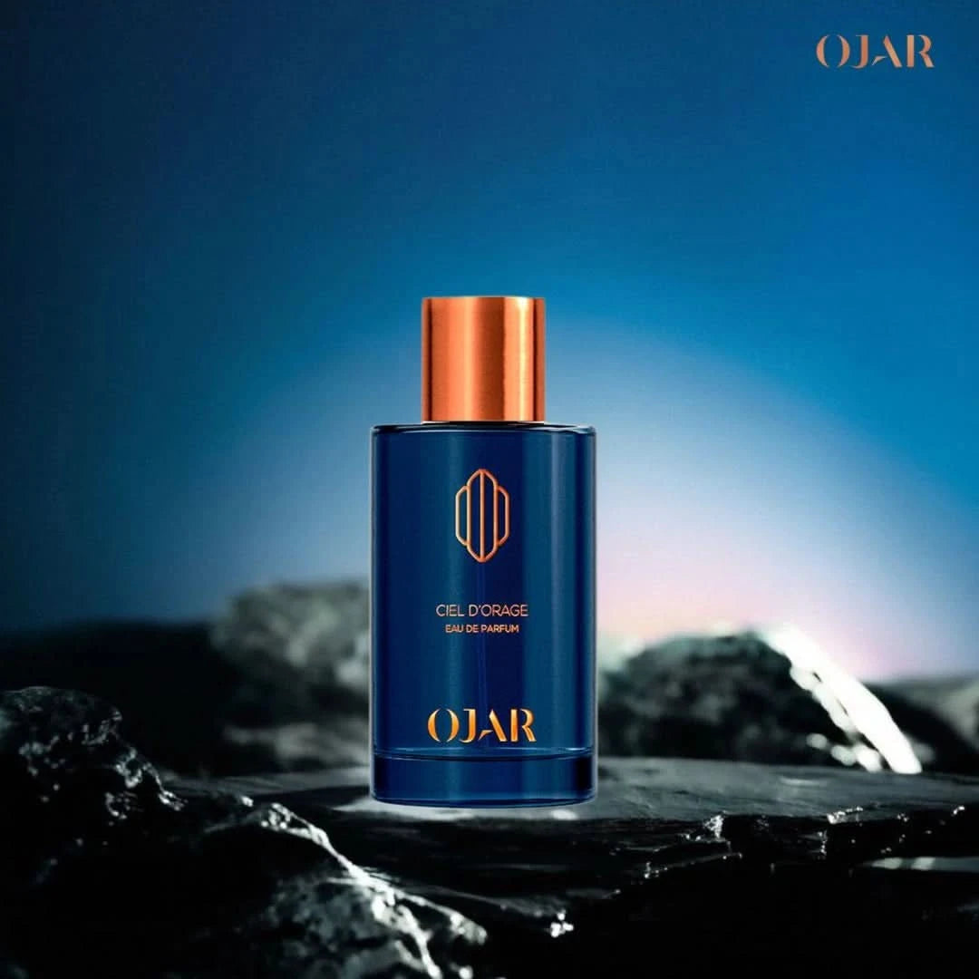 Ojar Ciel D'Orage Eau De Parfum spray bottle, 100ml, with elegant design and label visible.