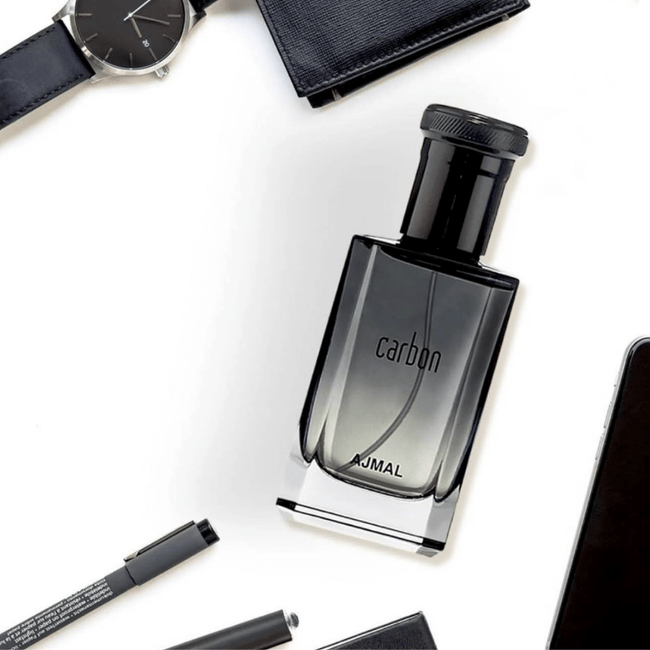 Bottle of Ajmal Carbon for Men EDP Eau De Parfum in 100ml spray bottle with sleek black design.
