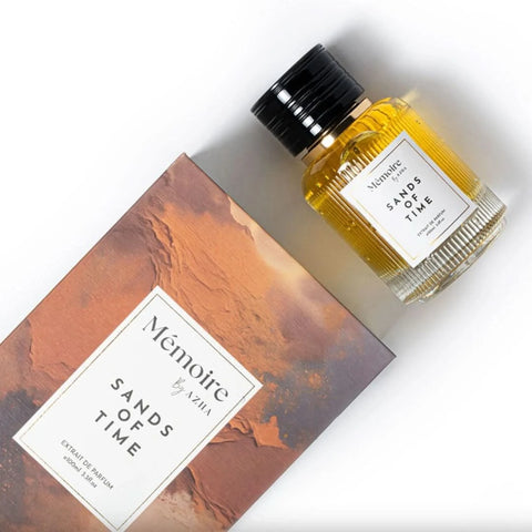 AZHA Sands of Time Extrait de Parfum Spray 100ml bottle from Memoire Collection, elegant glass container with black cap.