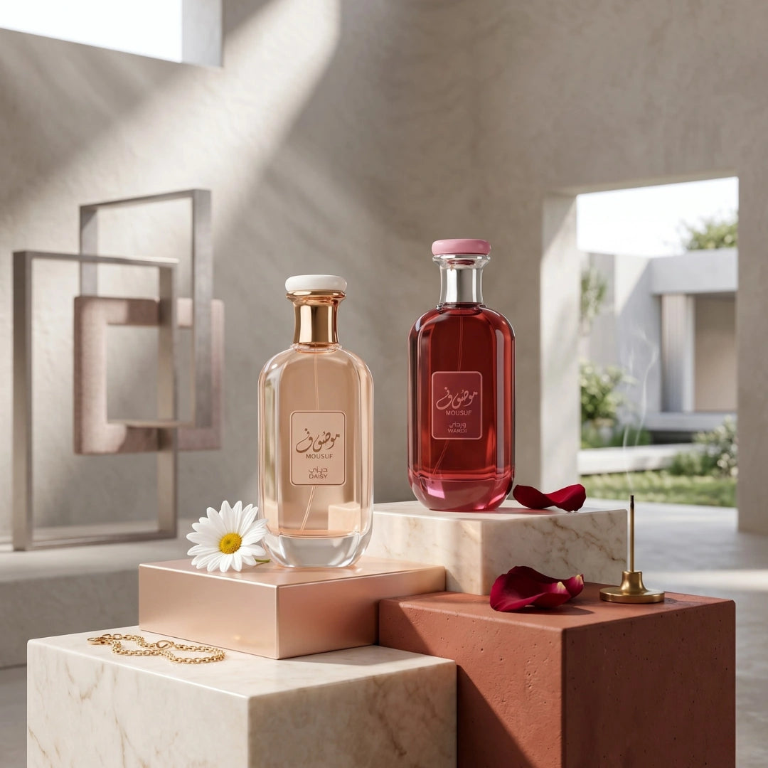 Ard Al Zaafaran Mousuf Daisy & Wardi Eau de Parfum bundle with two 100ml spray bottles, featuring floral and oriental fragrance designs.