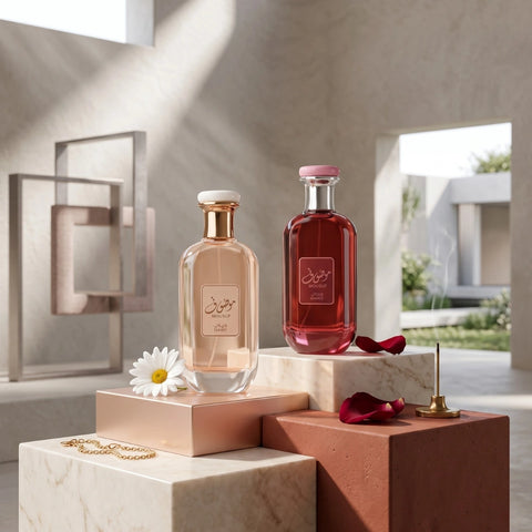 Ard Al Zaafaran Mousuf Daisy & Wardi Eau de Parfum bundle with two 100ml spray bottles, featuring floral and oriental fragrance designs.