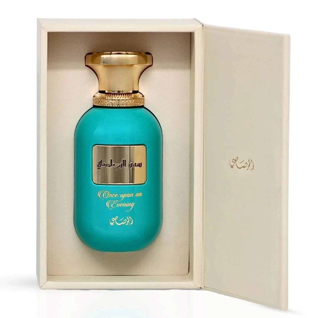 Rasasi Somow Al Rasasi Once Upon an Evening Eau de Parfum spray bottle, 100ml, with elegant packaging and fragrance details visible.