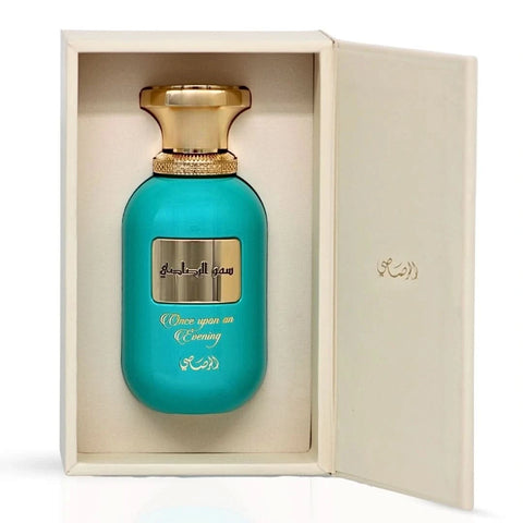 Rasasi Somow Al Rasasi Once Upon an Evening Eau de Parfum spray bottle, 100ml, with elegant packaging and fragrance details visible.