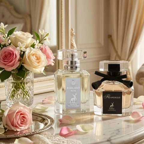 Maison Alhambra Jubilant Rose & Florenza Eau de Parfum bundle with two 100ml spray bottles, floral fragrance presentation.