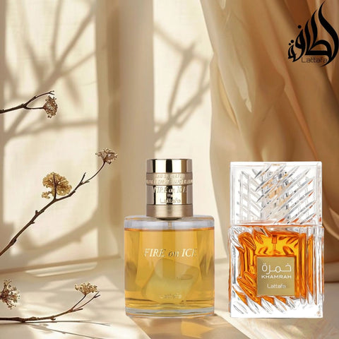 Fire On Ice 110ml & Khamrah 100ml - Eau de Parfum Sprays by Lattafa | A Bold Fusion of Warmth & Spice (Bundle) - Intense Oud