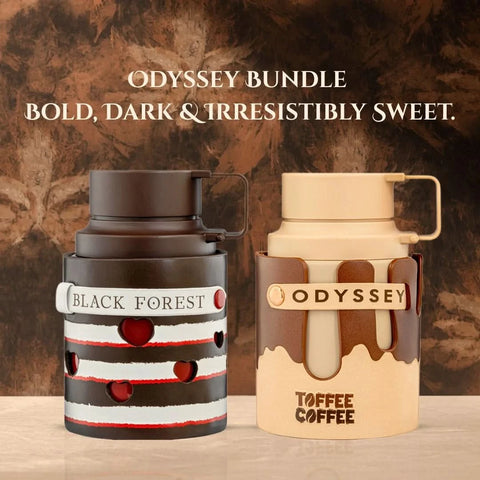 Bundle of Armaf Odyssey Toffee Coffee and Black Forest Eau de Parfum sprays, 100ml each, featuring sleek glass bottles with decorative caps.