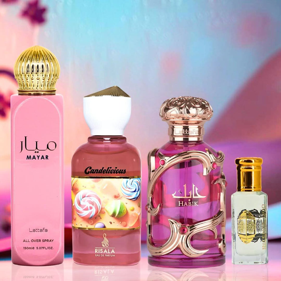 Lattafa perfume bundle featuring Mayar All Over Spray, Candelicious and Habik Eau de Parfums, plus Twinkling Sun perfume oil.