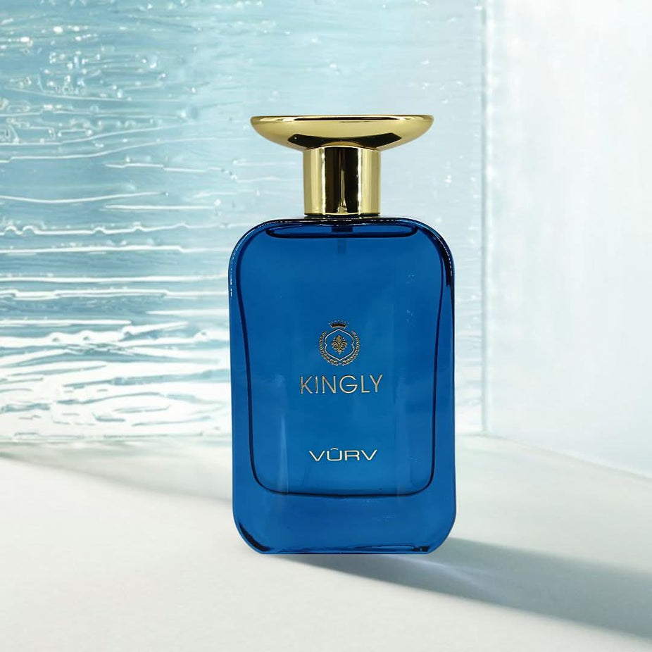 Vurv Kingly Eau de Parfum Spray for Men 100ml bottle, sleek design, showcasing the premium fragrance packaging.