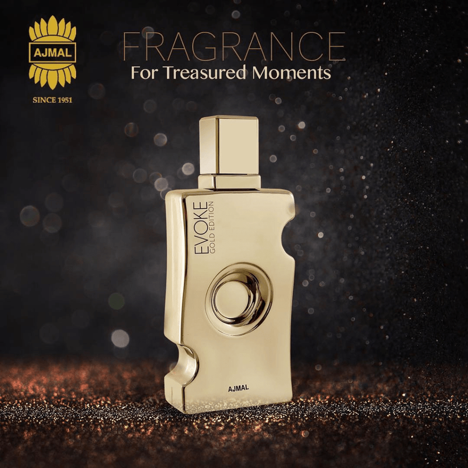 Evoke Gold Edition for Women Eau De Parfum by Ajmal, 75 ML bottle with elegant gold accents and floral design.