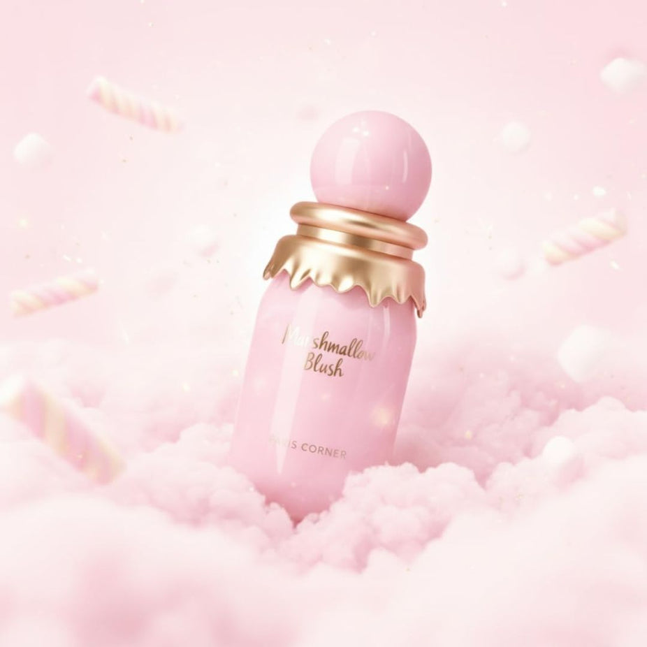 Paris Corner Marshmallow Blush Eau de Parfum spray, 50ml, featuring elegant pink and white packaging with a floral design.
