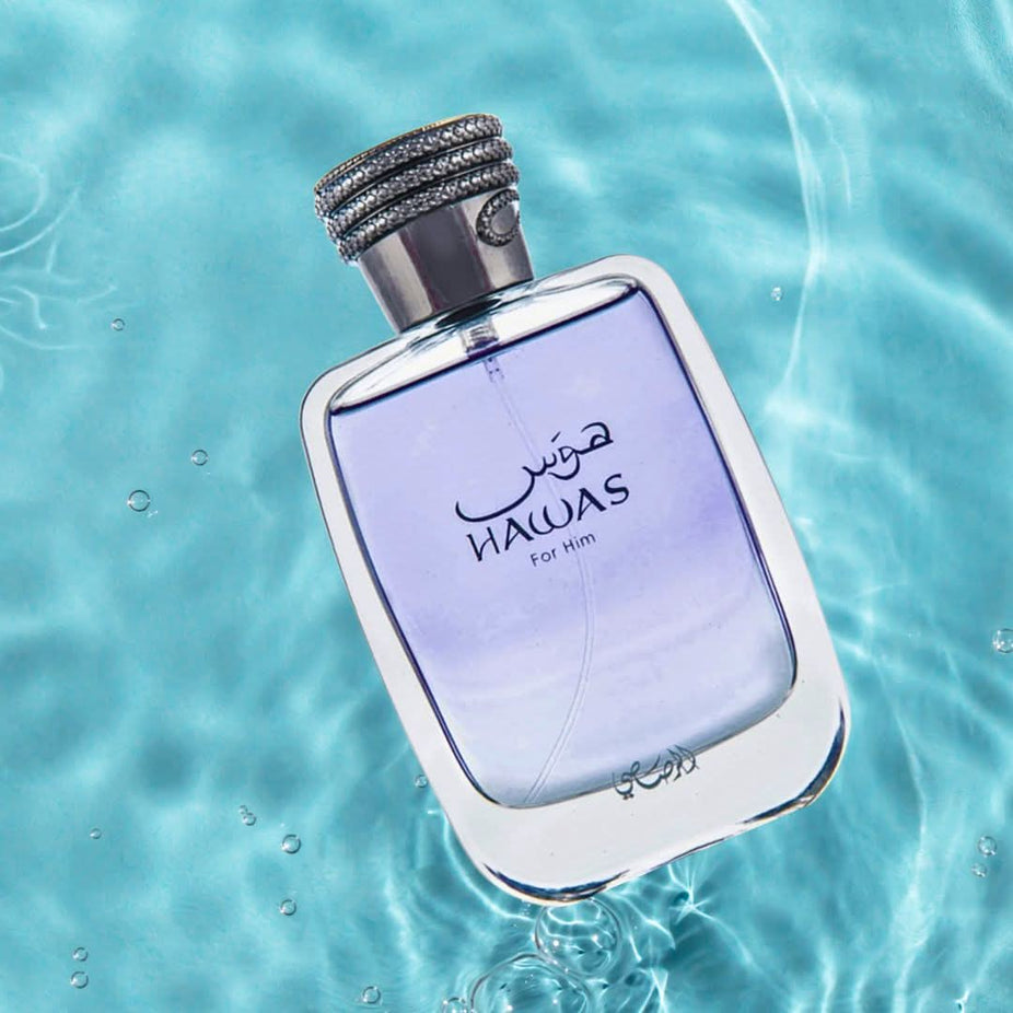 Three 100ml bottles of Rasasi Hawas for Him Eau de Parfum spray in a value pack, featuring sleek glass bottles with black caps.