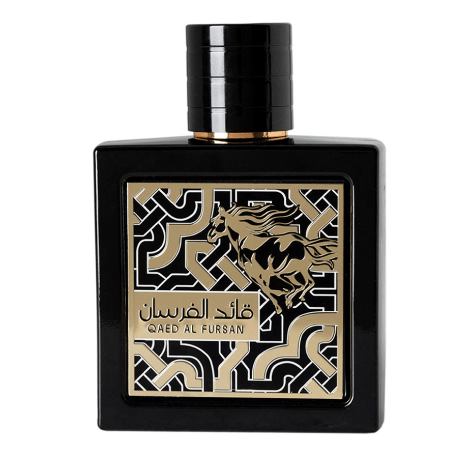 Qaed Al Fursan Eau de Parfum spray by Lattafa, 90ml, featuring elegant bottle design and luxurious fragrance presentation.