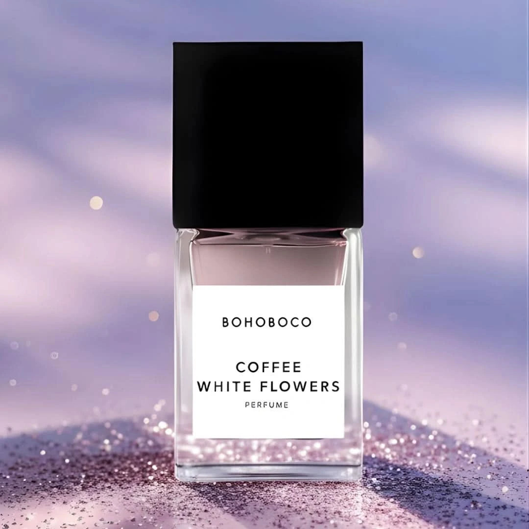 Bohoboco Coffee White Flowers Eau de Parfum spray bottle with floral design, 50ml, showcasing elegant packaging and branding.