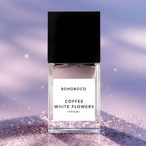 Bohoboco Coffee White Flowers Eau de Parfum spray bottle with floral design, 50ml, showcasing elegant packaging and branding.