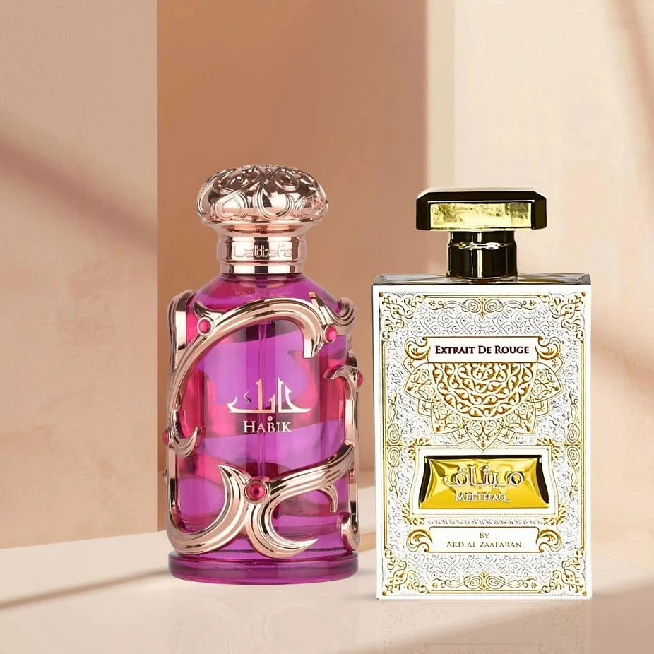 Habik for Women by Lattafa and Extrait De Rouge by Ard Al Zaafaran perfume bundle, 100ml bottles, elegant fragrance display.