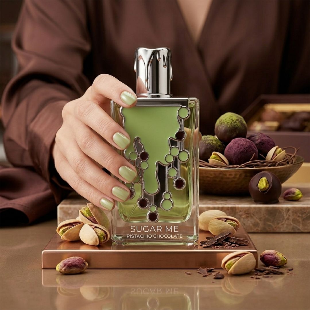 Maison Alhambra Sugar Me Pistachio Chocolate Eau de Parfum spray bottle, 100ml, with elegant packaging and branding details.