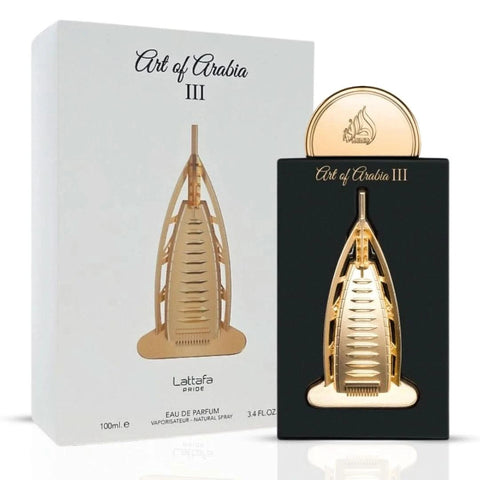 Lattafa Art Of Arabia Eau de Parfum spray bundle featuring three 100ml bottles with elegant packaging.