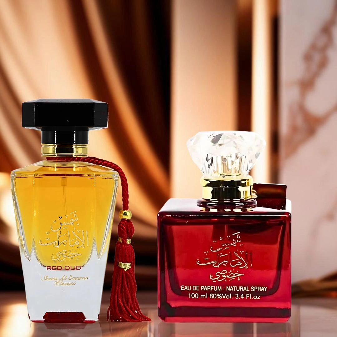 Shams Al Emarat Khususi & Red Oud Shams Al Emarat Khususi Eau de Parfum Sprays 100ml (3.4 oz) by Ard Al Zaafaran | Indulgent and Bold — Two Scents That Balance Elegance With Opulence. (Bundle)