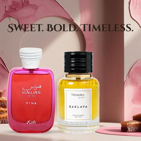 Hawas Pink Eau de Parfum Spray 100ml by Rasasi & Baklava Extrait de Parfum Spray 100ml by Azha | Sweet. Bold. Timeless. (Bundle) - Intense Oud