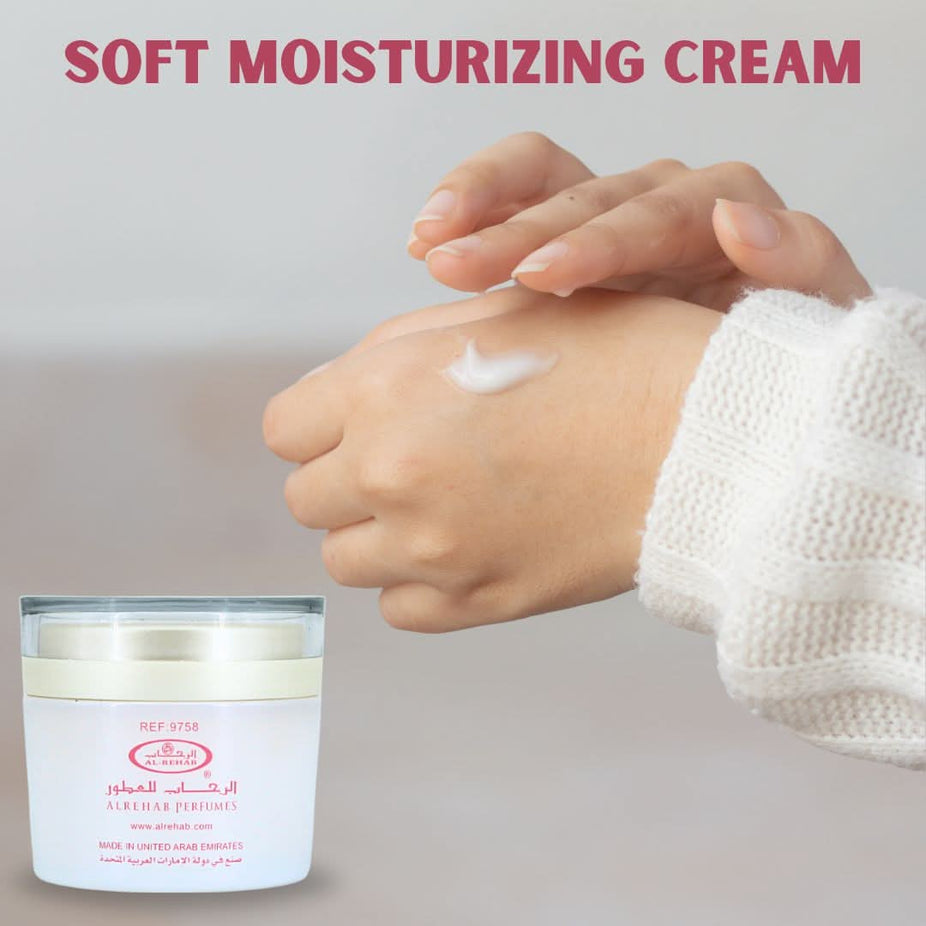Al Rehab Soft Moisturizing Body Cream 70g jar with a smooth, creamy texture and bright packaging.