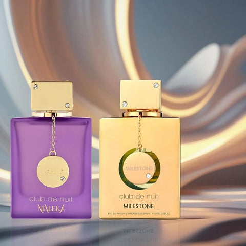 Bundle of two Armaf Club De Nuit Maleka and Milestone Eau de Parfum sprays, 105ml each, featuring sleek bottles and elegant design.