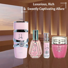 YARA Eau De Parfum Spray 100ML,EDP 50ML, Hand & Body Lotion 45ML & Roll-on Perfume Oil 10ML  - For Women by Lattafa. (CHIC COLLECTION) - Intense Oud