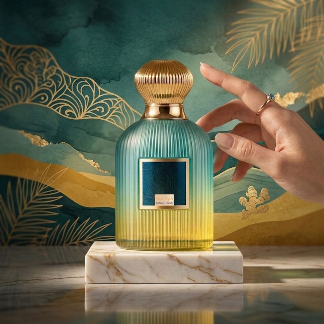 Hurriya Gingerique Eau de Parfum spray by Paris Corner, 100ml bottle, showcasing elegant packaging and floral and spicy fragrance elements.