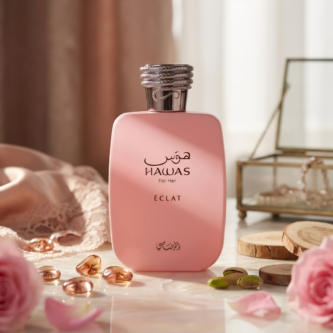 Rasasii Hawas For Her Eclat Eau de Parfum spray, 100ml, featuring elegant bottle design and floral fragrance.