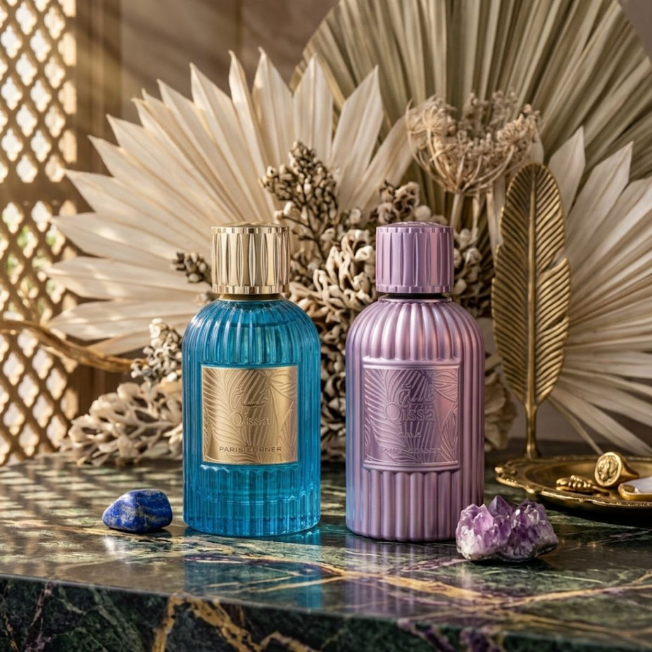 Paris Corner Qissa Blue and Qissa Gala Eau de Parfum Spray bundle with two 100ml bottles featuring elegant perfume bottles.