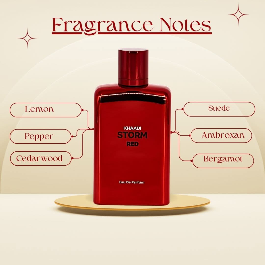 Storm Red Eau de Parfum spray by Khaadi, 100ml bottle with a sleek red design, showcasing the elegant perfume packaging.