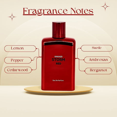 Storm Red Eau de Parfum spray by Khaadi, 100ml bottle with a sleek red design, showcasing the elegant perfume packaging.