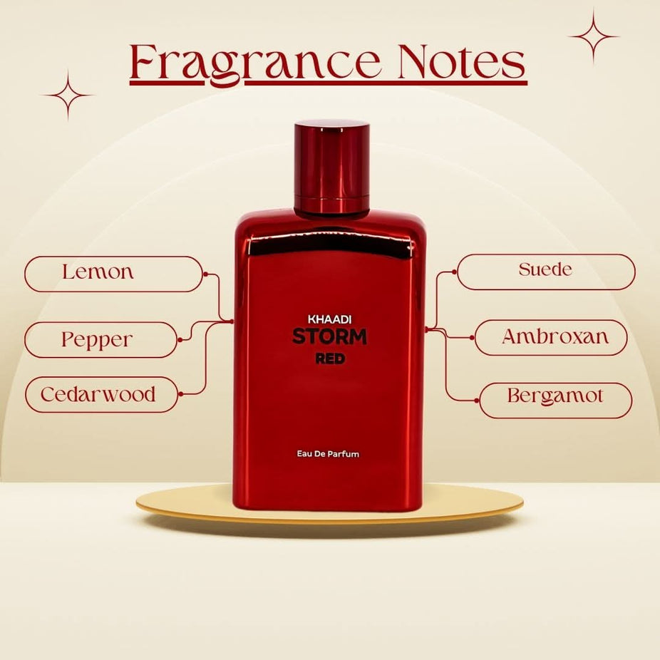 Khaadi Storm Red Eau de Parfum spray bottle, 100ml, with elegant red packaging and sleek design.