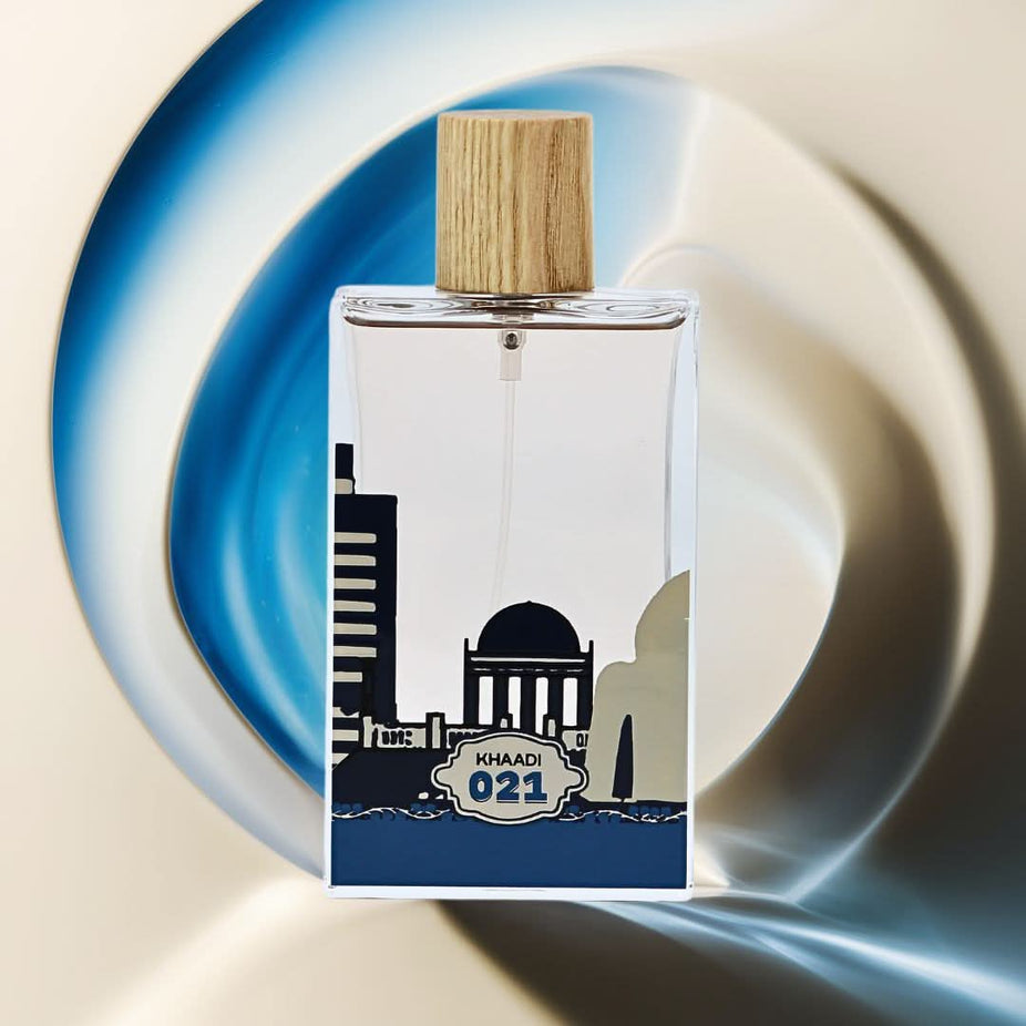 Khaadi 021 Eau de Parfum spray bottle, 100ml, with elegant packaging and floral fragrance details visible in the image.