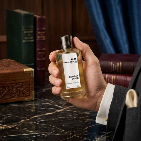 Mancera Cedrat Boise Eau de Parfum spray bottle, 120ml, with sleek design and label visible on a white background.