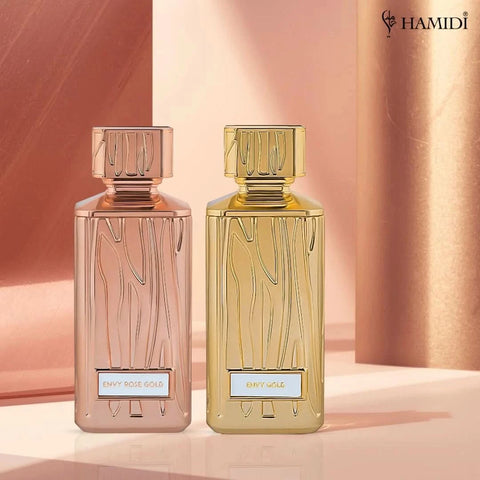 Hamidi Envy Rose Gold and Envy Gold Eau de Parfum sprays in 100ml bundle, featuring elegant bottles with gold and rose gold accents.