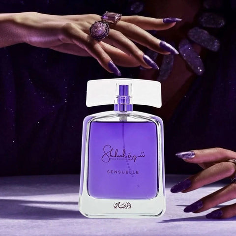 Rasasi Shuhrah Sensuelle Pour Femme Eau de Parfum spray bottle, 90ml, featuring elegant perfume packaging and design.