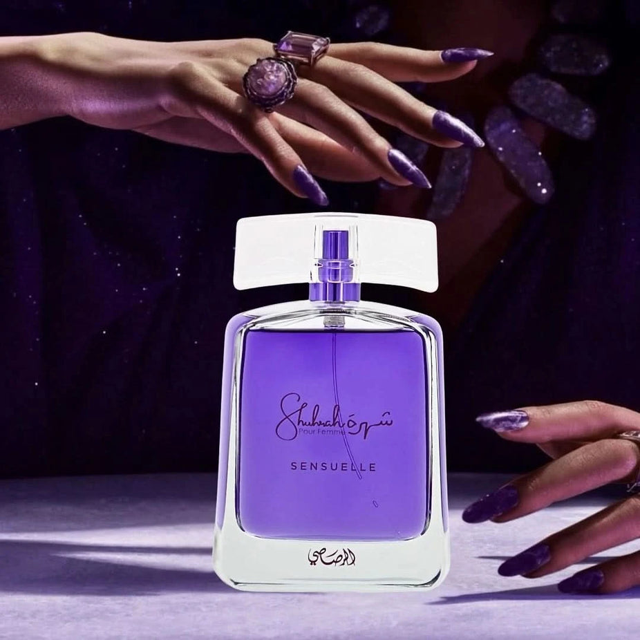 Rasasi Shuhrah Sensuelle Pour Femme Eau de Parfum spray bottle, 90ml, featuring elegant perfume packaging and design.