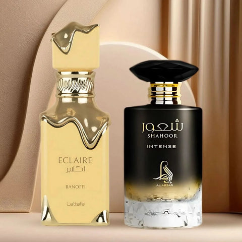 Bundle of Lattafa Eclaire Banoffi and Shahoor Intense Al Absar Eau de Parfum sprays, 100ml each, featuring elegant bottle designs.