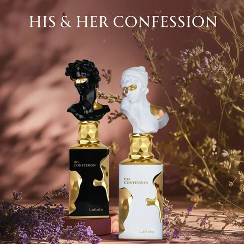 His & Her Confession Eau de Parfum Sprays 100ml (3.4 oz) by Lattafa | For Him & Her — Scents Wrapped in Warmth & Sophistication (Bundle) - Intense Oud