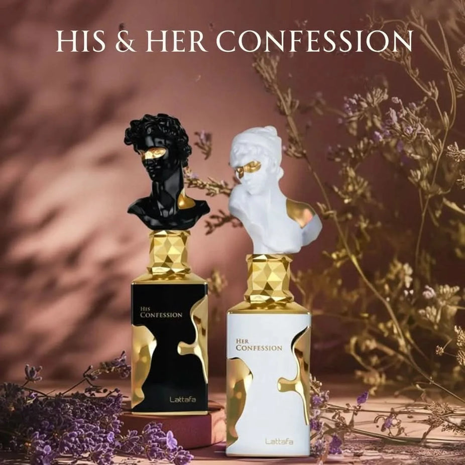 Lattafa His & Her Confession Eau de Parfum bundle, 100ml each, featuring sleek bottles of unisex fragrance sprays.
