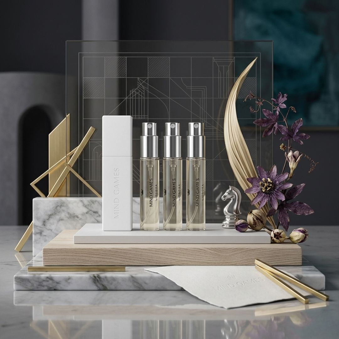Lionora Travel Trio by Mind Games, three 7.5ml bottles of collectible travel-themed fragrances in a collection.