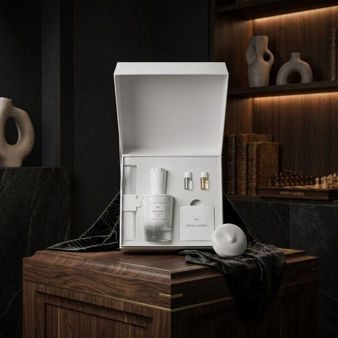 Queenside Extrait de Parfum 100ml by Mind Games, elegant glass perfume bottle with minimalist design and a sleek black cap.