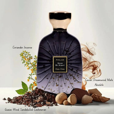 Atelier Des Ores Noir by Night Eau de Parfum spray bottle, 100ml, with elegant black packaging and floral accents.